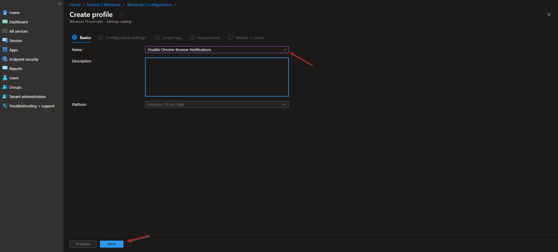 Naming the configuration profile